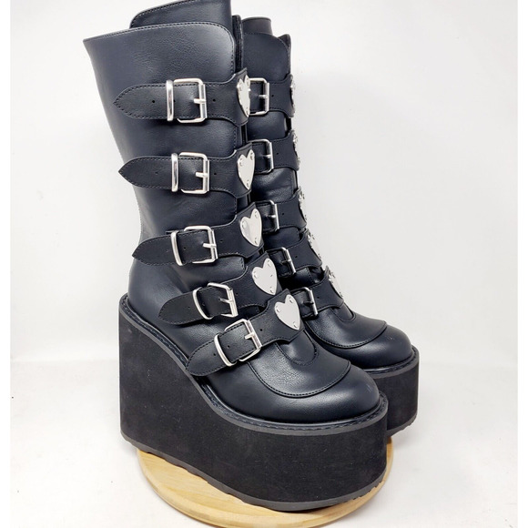 Demonia Platform Boots Womens 9 Black Swing Swing-230 Punk Hearts Straps Buckles - Picture 1 of 13